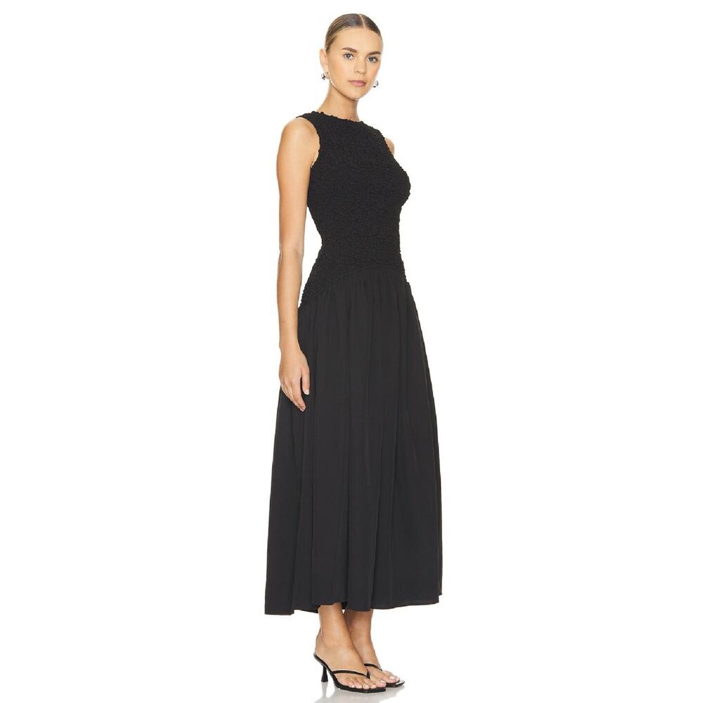 The Wolf Gang Marisol Black Drop Waist Midi Dress Textured Bodice Open Back L